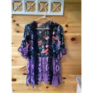 Tru Self Mixed Print Floral Paisley Lace Trim Sheer Kimono Wrap Cardigan Medium